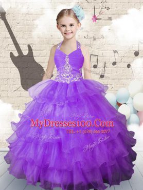 Hot Sale Halter Top Sleeveless Floor Length Beading and Ruffled Layers Lace Up Little Girls Pageant Gowns with Lavender