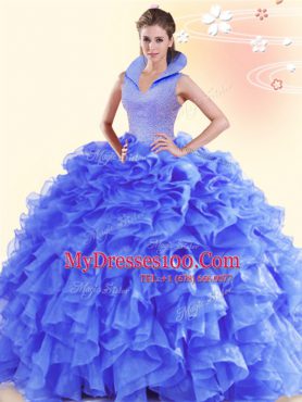 Edgy Floor Length Backless Vestidos de Quinceanera Purple for Military Ball and Sweet 16 and Quinceanera with Beading and Ruffles