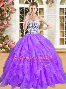 Flare Purple Organza Lace Up Quinceanera Gowns Sleeveless Floor Length Beading and Ruffles