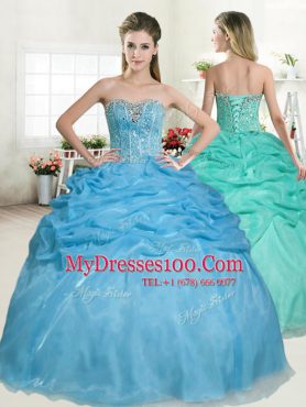 New Style Sleeveless Organza Floor Length Lace Up 15 Quinceanera Dress in Baby Blue with Beading and Pick Ups