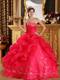 Coral Red Ball Gown Strapless Floor-length Embroidery Organza Qu