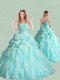 Popular Spaghetti Straps Brush Train Quinceanera Dress with Handcrafted Flowers and Bubbles