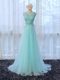 Colorful Apple Green Tulle Zipper Wedding Guest Dresses Sleeveless Brush Train Lace and Bowknot