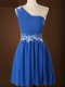 Mini Length Zipper Bridesmaids Dress Blue for Prom and Party and Wedding Party with Appliques and Ruching