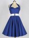 Sleeveless Taffeta Knee Length Lace Up Quinceanera Court of Honor Dress in Blue with Belt