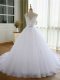 White Lace Up V-neck Beading and Lace and Appliques Wedding Dresses Tulle Sleeveless Court Train
