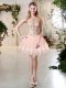 Luxurious Peach A-line Beading and Lace and Appliques Prom Dress Lace Up Tulle Sleeveless Mini Length