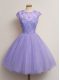Lavender Lace Up Court Dresses for Sweet 16 Lace Cap Sleeves Knee Length