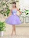 Inexpensive Lilac Organza Lace Up Off The Shoulder Sleeveless Knee Length Bridesmaids Dress Lace and Belt