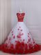 Modest White And Red A-line Tulle Scalloped Sleeveless Appliques Zipper Wedding Dresses Brush Train