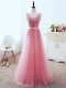 Affordable V-neck Sleeveless Homecoming Dress Floor Length Lace and Appliques and Belt Pink Tulle