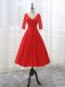 Red A-line Lace and Appliques Dress for Prom Lace Up Lace Half Sleeves Tea Length