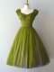 Eye-catching Olive Green Chiffon Lace Up V-neck Cap Sleeves Knee Length Bridesmaid Gown Ruching