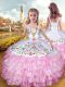 Sleeveless Organza and Taffeta Floor Length Lace Up Little Girl Pageant Dress in Rose Pink with Embroidery and Ruffled Layers