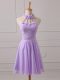 Lavender Chiffon Lace Up Bridesmaid Dresses Sleeveless Mini Length Lace and Appliques