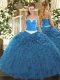 Decent Floor Length Lace Up Quinceanera Gown Blue for Military Ball and Sweet 16 and Quinceanera with Appliques and Ruffles