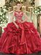 Glittering Floor Length Lace Up Quinceanera Dress Red for Sweet 16 and Quinceanera with Appliques and Ruffles