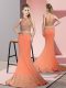 High-neck Sleeveless Satin Prom Evening Gown Beading and Appliques Sweep Train Zipper