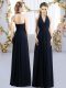 Elegant Halter Top Sleeveless Bridesmaid Dress Floor Length Ruching Navy Blue Chiffon
