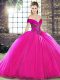 Ideal Fuchsia Organza Lace Up Off The Shoulder Sleeveless 15 Quinceanera Dress Brush Train Beading