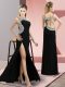 Charming Floor Length Backless Prom Dress Black for Prom and Party with Beading