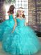 Aqua Blue Ball Gowns Straps Sleeveless Organza High Low Lace Up Beading and Ruffles Girls Pageant Dresses