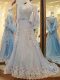 Light Blue A-line Tulle Scoop Long Sleeves Lace and Appliques and Belt Lace Up Prom Evening Gown Court Train