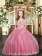 Pink Sleeveless Floor Length Appliques Lace Up Child Pageant Dress