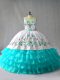 Delicate Sleeveless Floor Length Embroidery and Ruffled Layers Lace Up Vestidos de Quinceanera with Blue And White