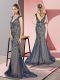 Shining Navy Blue Mermaid Tulle V-neck Sleeveless Beading Zipper Prom Dress Sweep Train
