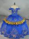 Delicate Blue Ball Gowns Embroidery 15 Quinceanera Dress Lace Up Satin and Organza Sleeveless Floor Length