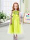 Trendy Tea Length Yellow Green Flower Girl Dress Organza Sleeveless Sequins and Hand Made Flower