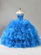 Luxurious Blue Sweetheart Lace Up Beading and Ruffles and Sequins Quinceanera Gown Sleeveless