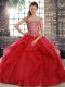 High Class Sleeveless Tulle Brush Train Lace Up Quince Ball Gowns in Red with Beading and Ruffles