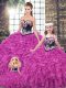 Fuchsia Lace Up Quinceanera Gowns Embroidery and Ruffles Sleeveless