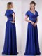 Low Price V Neck Beaded Blue Long Mother of The Bride Dress with Short Sleeves
