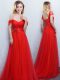 Beauteous Off the Shoulder Red Lace Up Damas Dress Appliques and Ruching Sleeveless With Brush Train