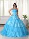 Aqua Ball Gown One Shoulder Floor-length Organza Beading Quincea