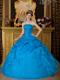 Blue Strapless Appliques Organza Quinceanera Dresses with Pick-ups