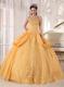 Gold Spaghetti Straps Applique Taffeta and Organza Dress for Quinces