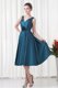 A-line V-neck Teal Taffeta Ruching Knee-length Evening Dress