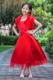 Red Square Neck Tea-length Flower Girl Dress