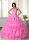 Rose Pink Ball Gown Strapless Floor-length Organza Appliques Qui