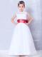 White and Coral Red Bateau Ankle-length Bow Flower Girl Dress
