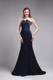 Perfect Column Strapless Brush Train Satin Beading Navy Blue Mother of the Bride Dress