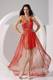 V-neck and Beading Accent Rust Red Prom Gown of High-low and Criss Cross Back