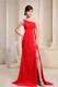 Beading and Brush Train Red Chiffon Prom Gown of one Shoulder and High Slit