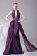 Halter Plunging Neckline Floor-length Embroidered Prom Dresses in Dark Purple