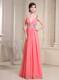 V-cut Neck and Back Straps Beading Cut Out Waist Long Watermelon Prom Gown
