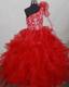 Popular Red One Shoulder Flower Girl Pageant Dress With Ruffled Layers and Embroidery Decorate